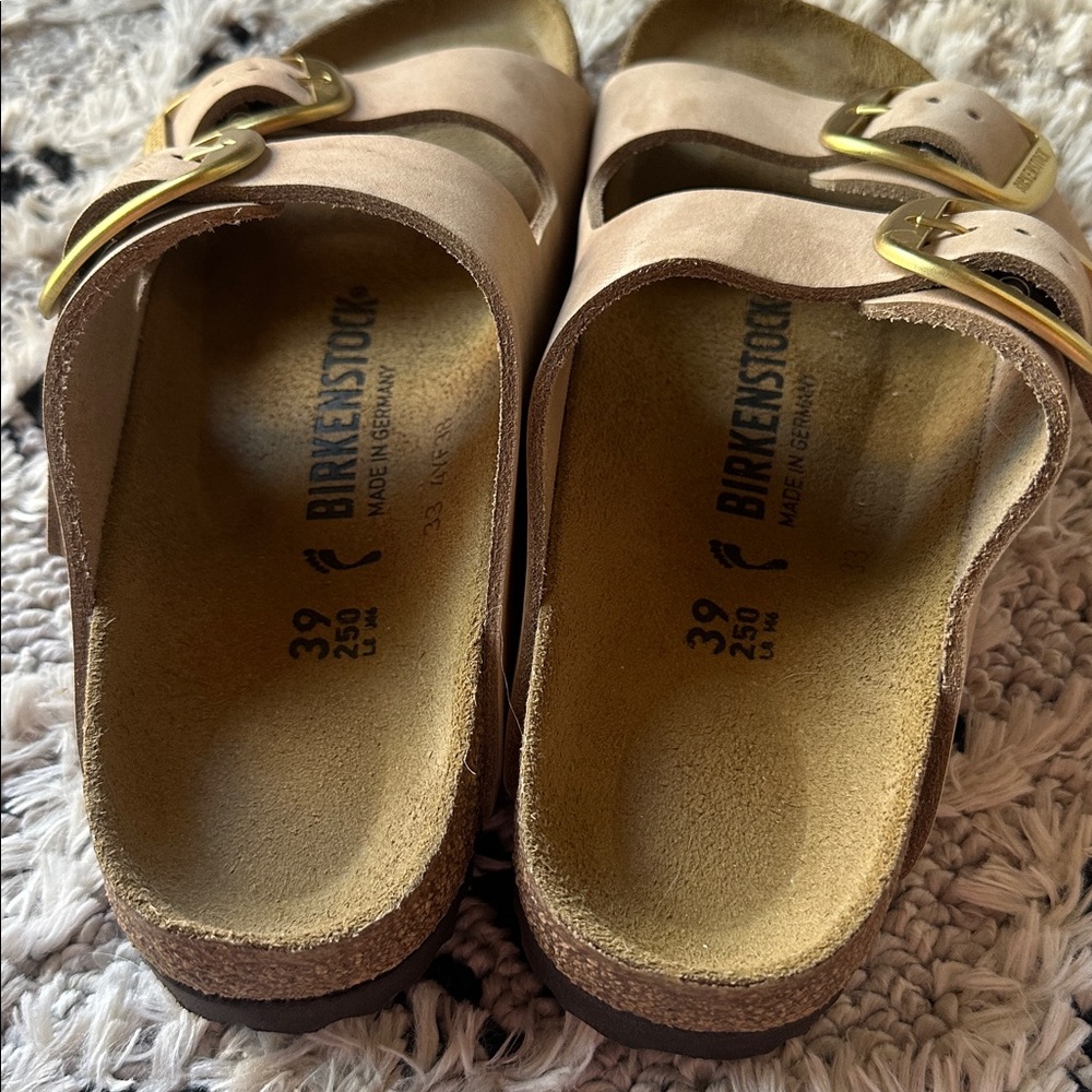 Birkenstock Two-Strap Sandals Beige with Gold Buckles - Picture 4 of 5